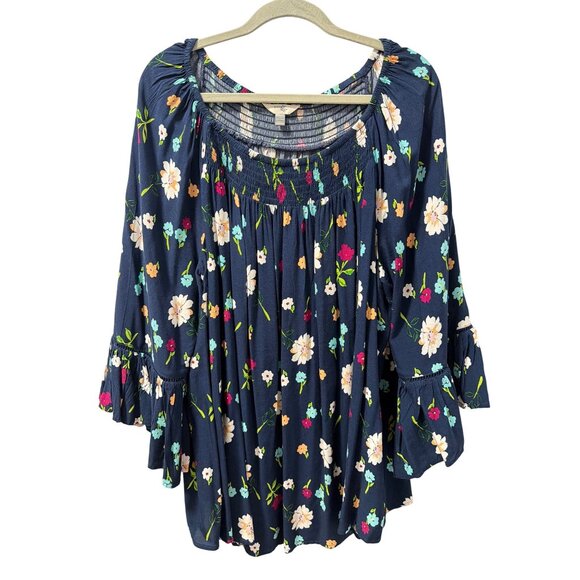 Terra & sky Floral Blue Rayon Peasant Top Smocked Bodice & Bell Sleeves Sz 1X - Picture 5 of 12